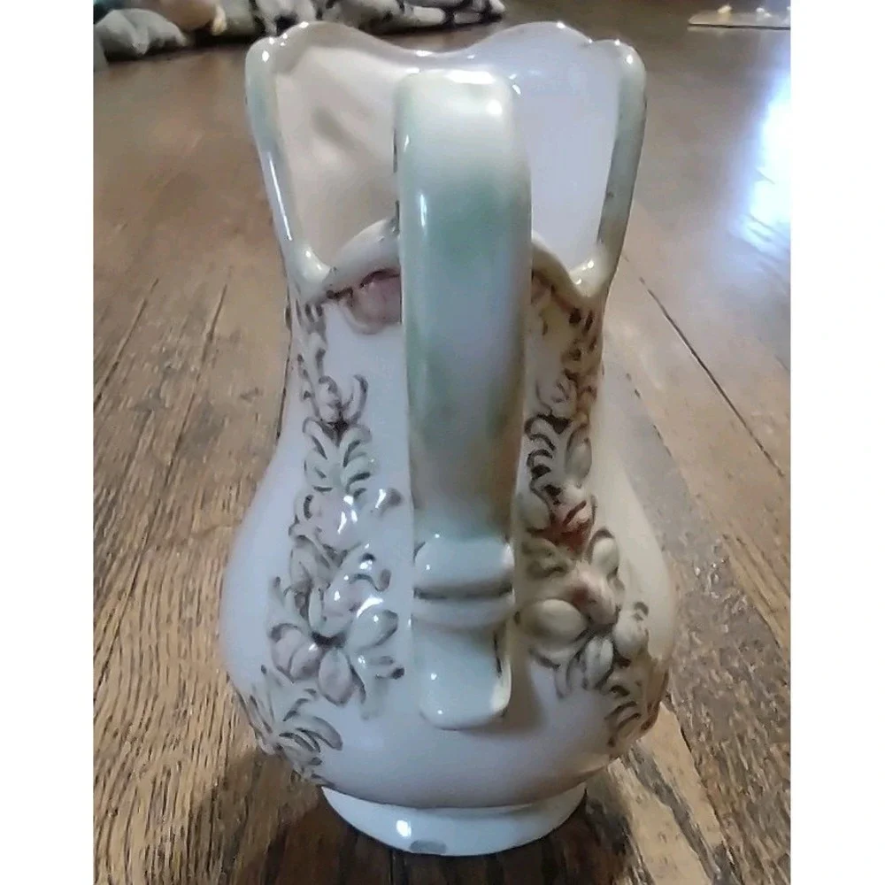 Vintage Ceramic Floral Pitcher Embossed Pink Roses White Bud Vase Creamer